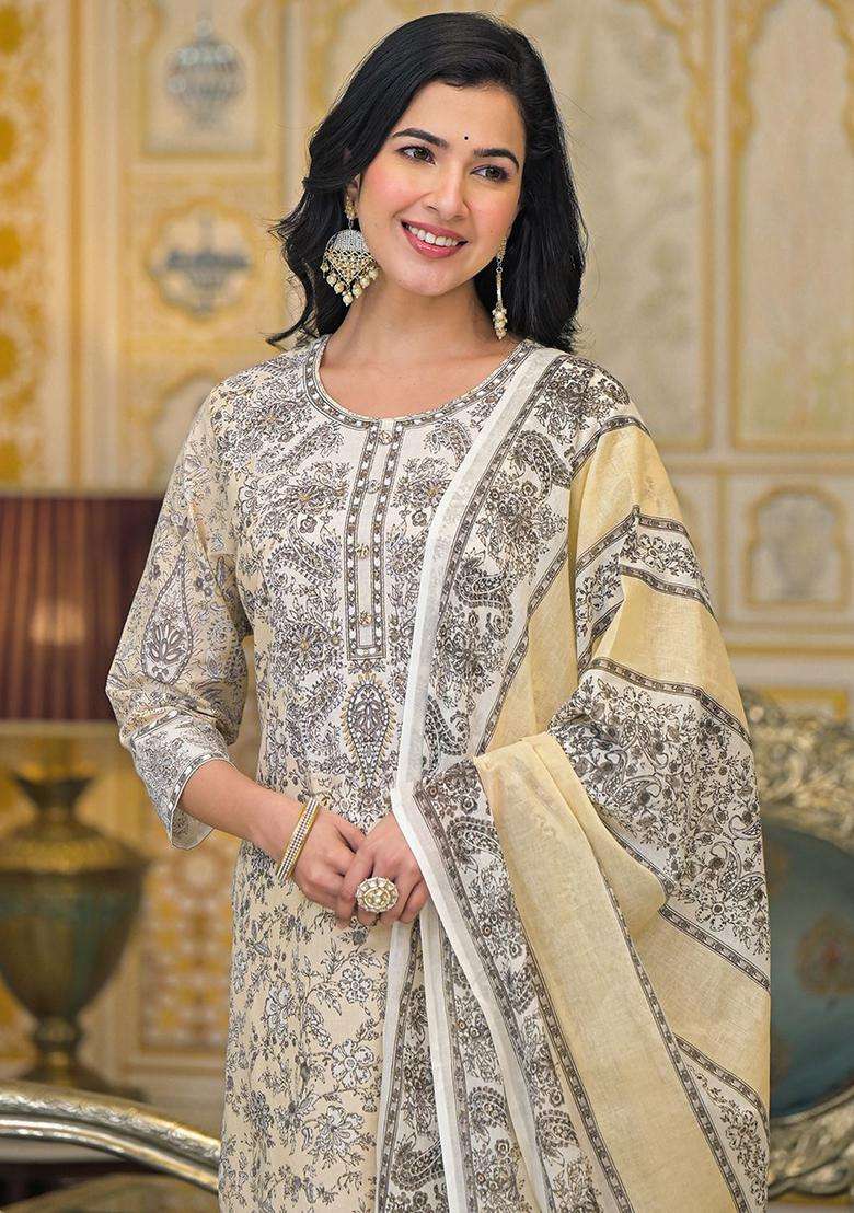Beige Printed Cotton Kurta Set - Indya