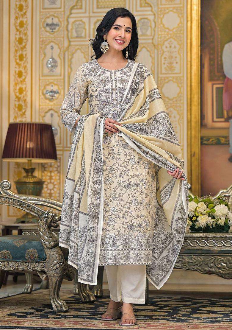 Beige Printed Cotton Kurta Set - Indya