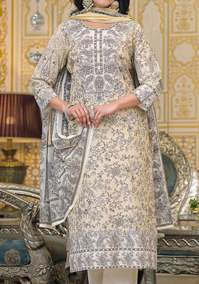 Beige Printed Cotton Kurta Set - Indya