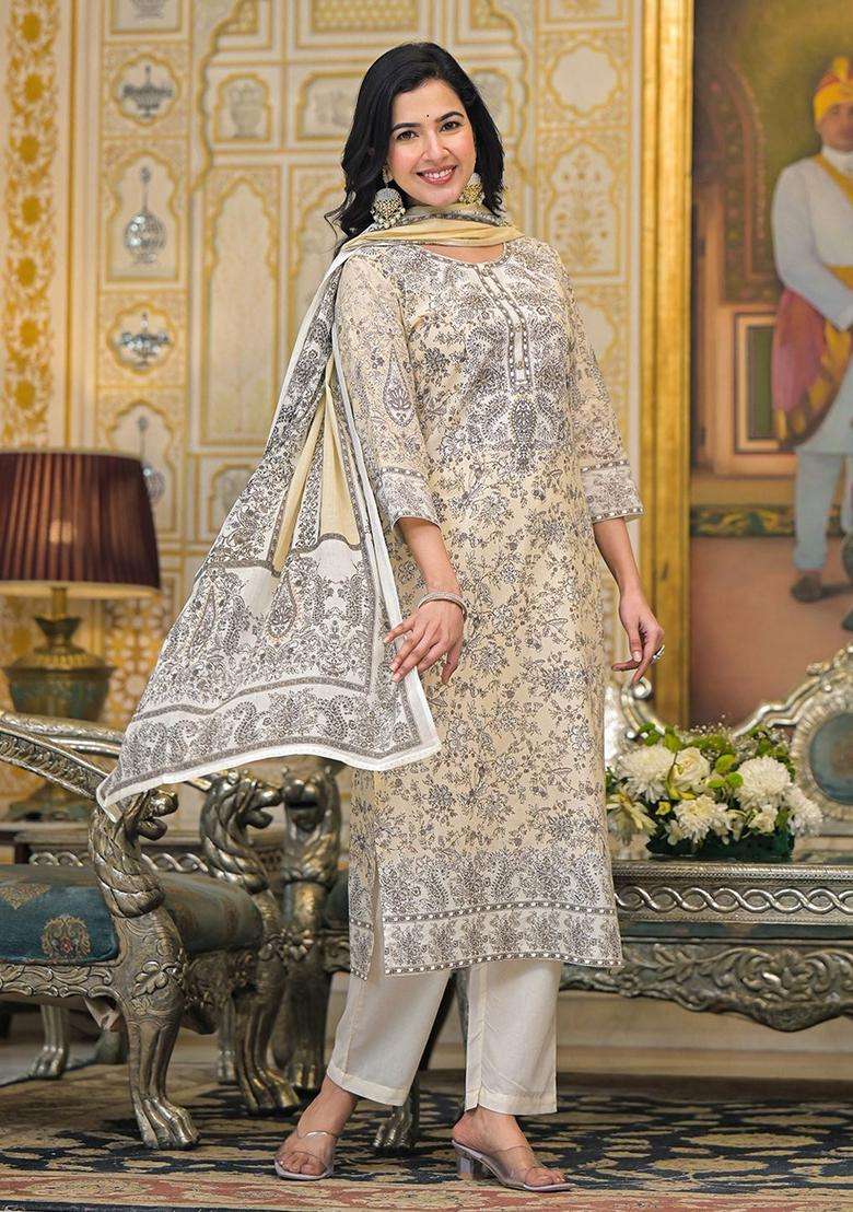 Beige Printed Cotton Kurta Set - Indya