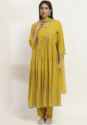 Yellow Self Design Viscose Kurta Set