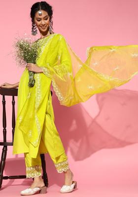 Lime Green Yoke Design Silk Blend Kurta Set