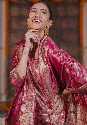 Pink Woven Design Silk Blend Kurta Set