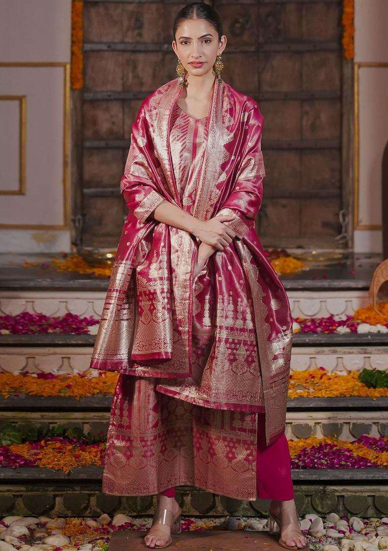 Pink Woven Design Silk Blend Kurta Set - Indya