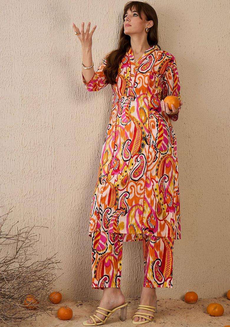 Multicolor Printed Cotton Kurta Set - Indya