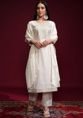 Off White Embroidered Polyester Kurta Set