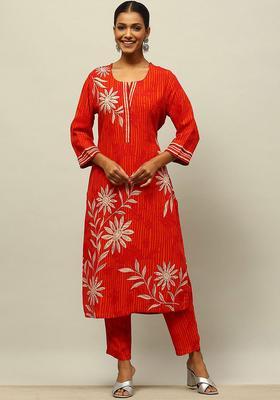 Red Printed Viscose Kurta Set