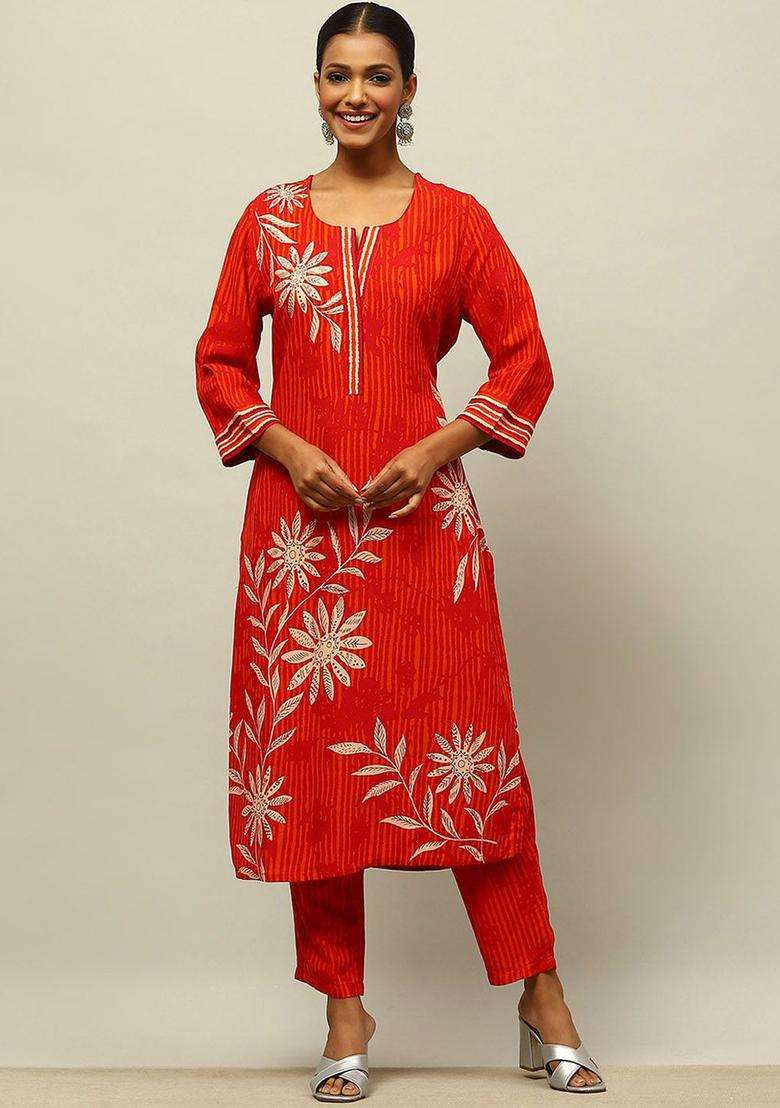 Red Printed Viscose Kurta Set - Indya