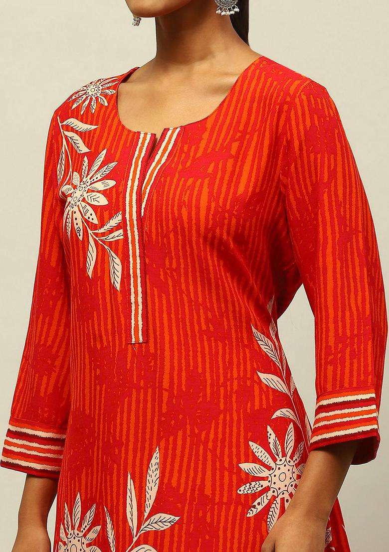 Red Printed Viscose Kurta Set - Indya