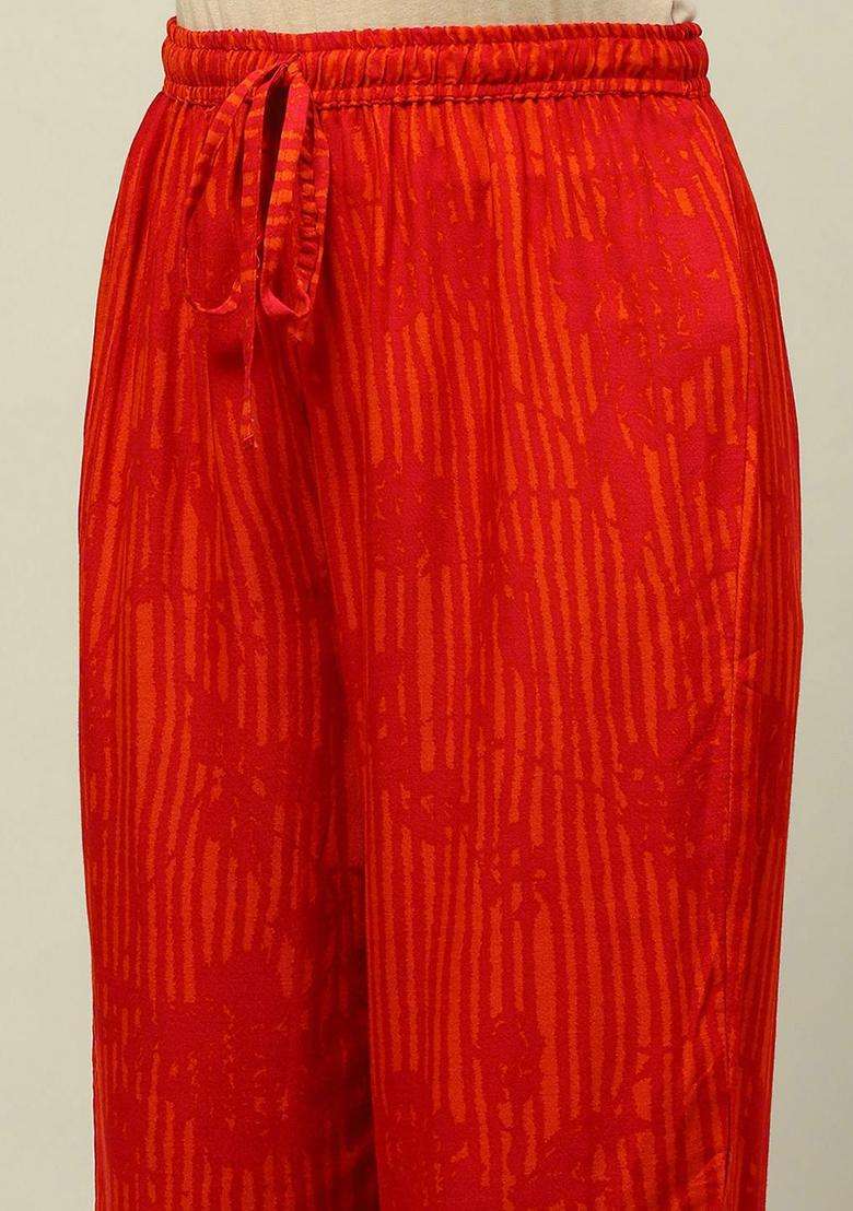 Red Printed Viscose Kurta Set - Indya