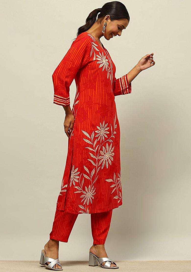 Red Printed Viscose Kurta Set - Indya