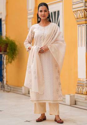 Cream Printed Cotton Kurta Set