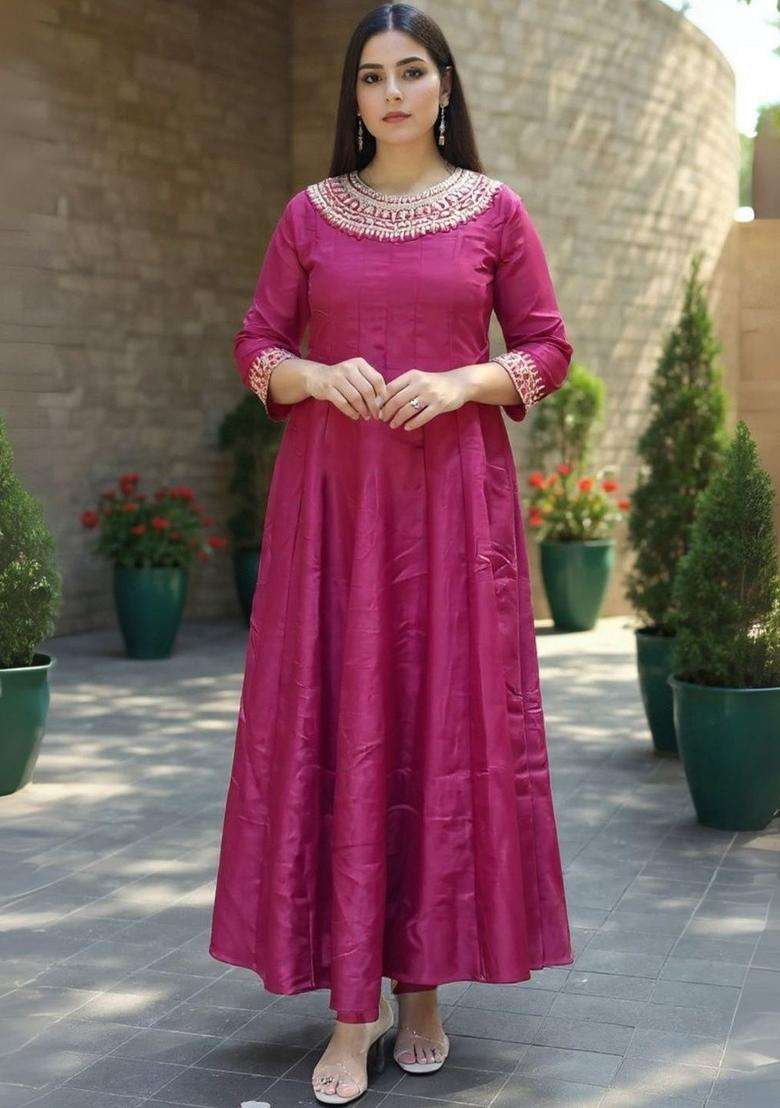 Pink Embroidered Silk Blend Anarkali Set - Indya