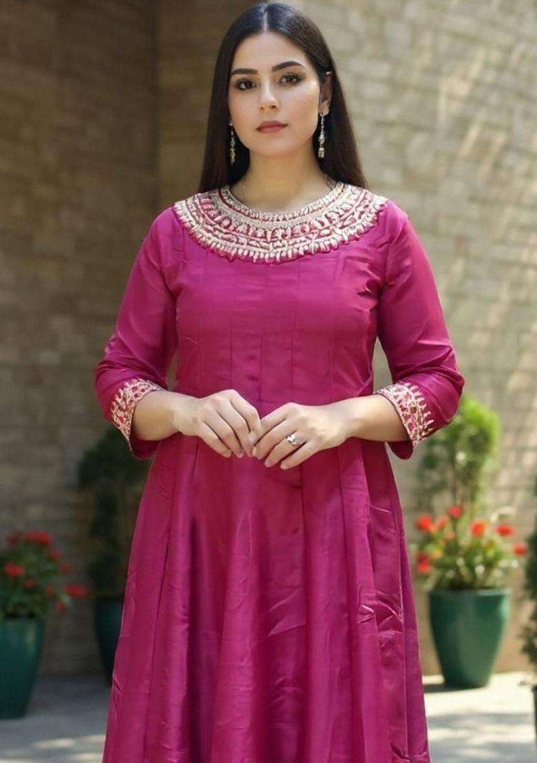 Pink Embroidered Silk Blend Anarkali Set - Indya