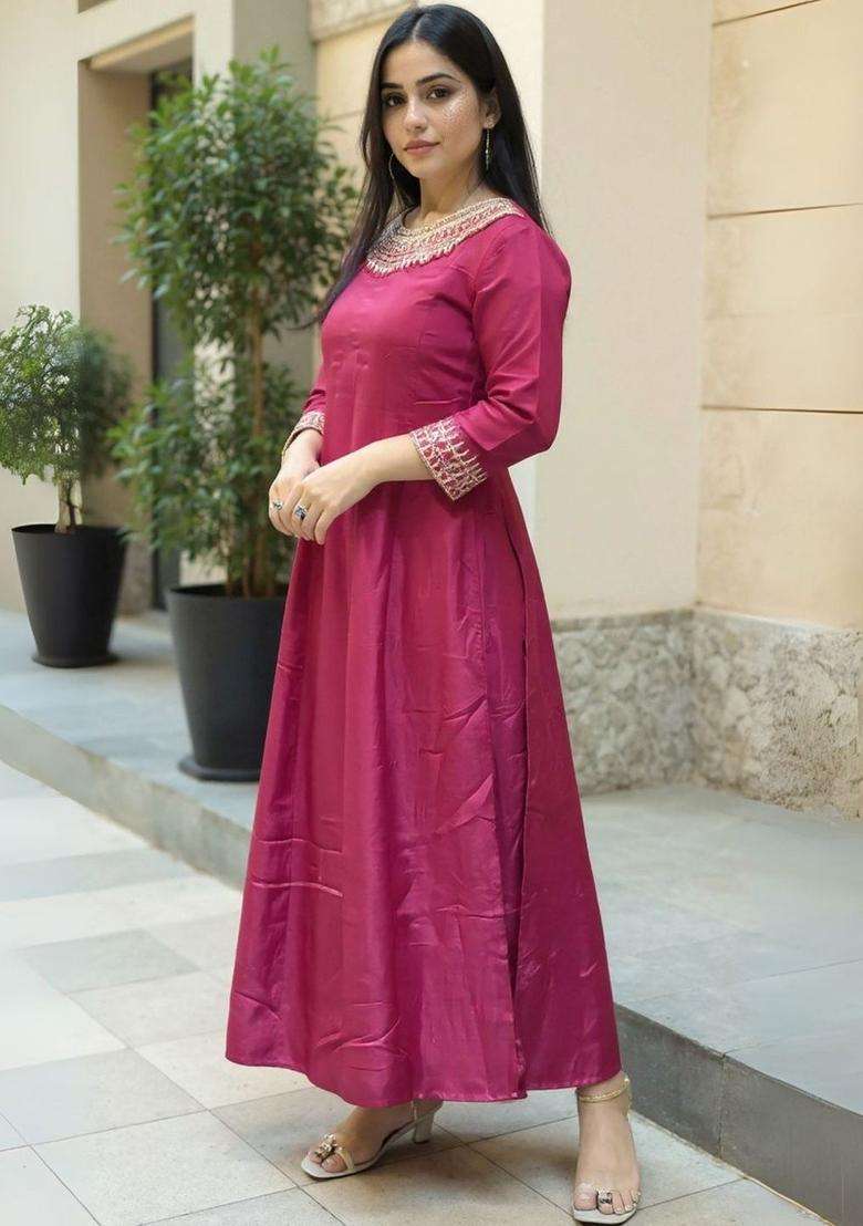 Pink Embroidered Silk Blend Anarkali Set - Indya