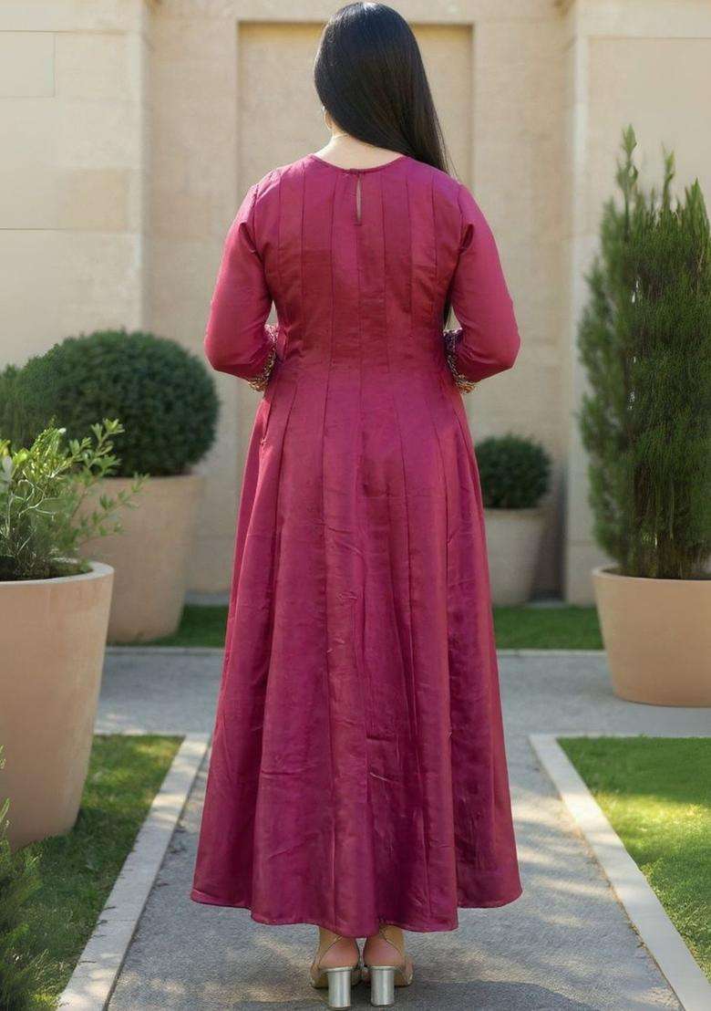 Pink Embroidered Silk Blend Anarkali Set - Indya