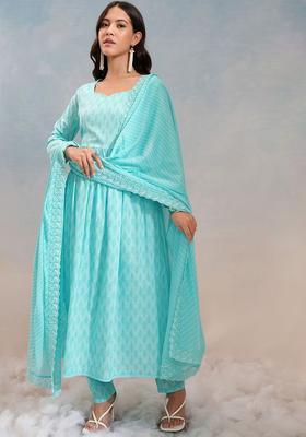 Turquoise Blue Printed Cotton Kurta Set