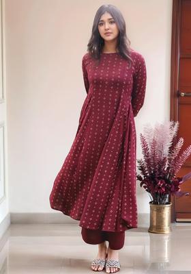 Maroon Printed Viscose Kurta Set