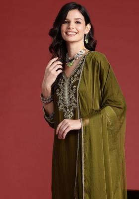 Olive Embroidered Silk Blend Kurta Set