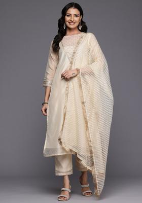 Off White Yoke Design Silk Blend Kurta Set