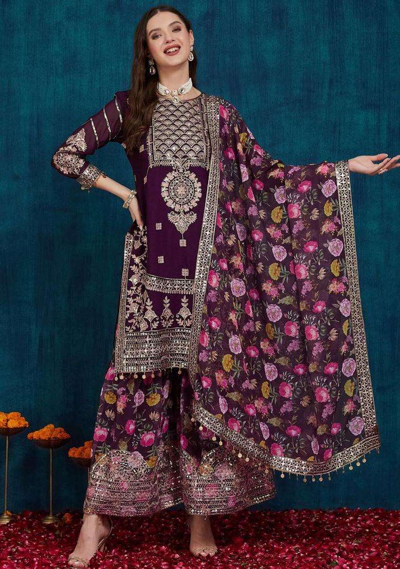Brown Embroidered Georgette Sharara Set - Indya