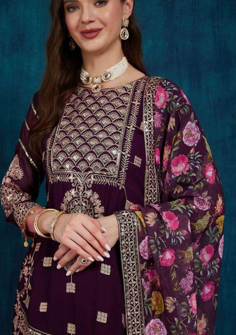 Brown Embroidered Georgette Sharara Set - Indya