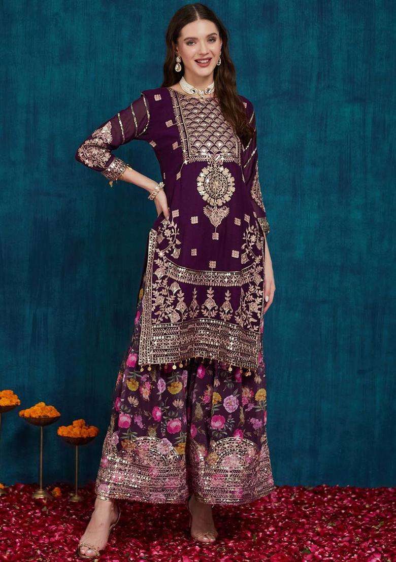 Brown Embroidered Georgette Sharara Set - Indya