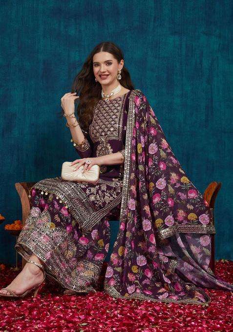 Brown Embroidered Georgette Sharara Set