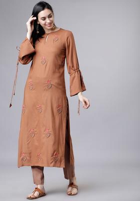 Brown Embroidered Viscose Kurta Set