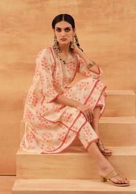 Cream Printed Cotton Kurta Set