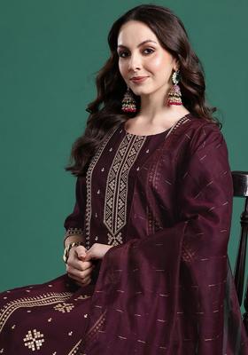 Burgundy Embroidered Silk Blend Kurta Set