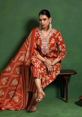 Rust Printed Cotton Kurta Set