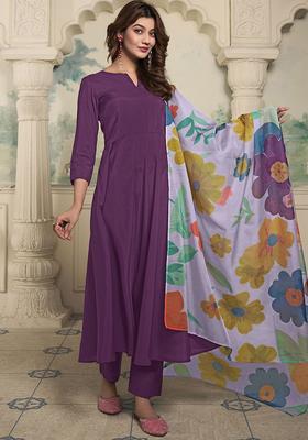 Purple Solid Silk Anarkali Set