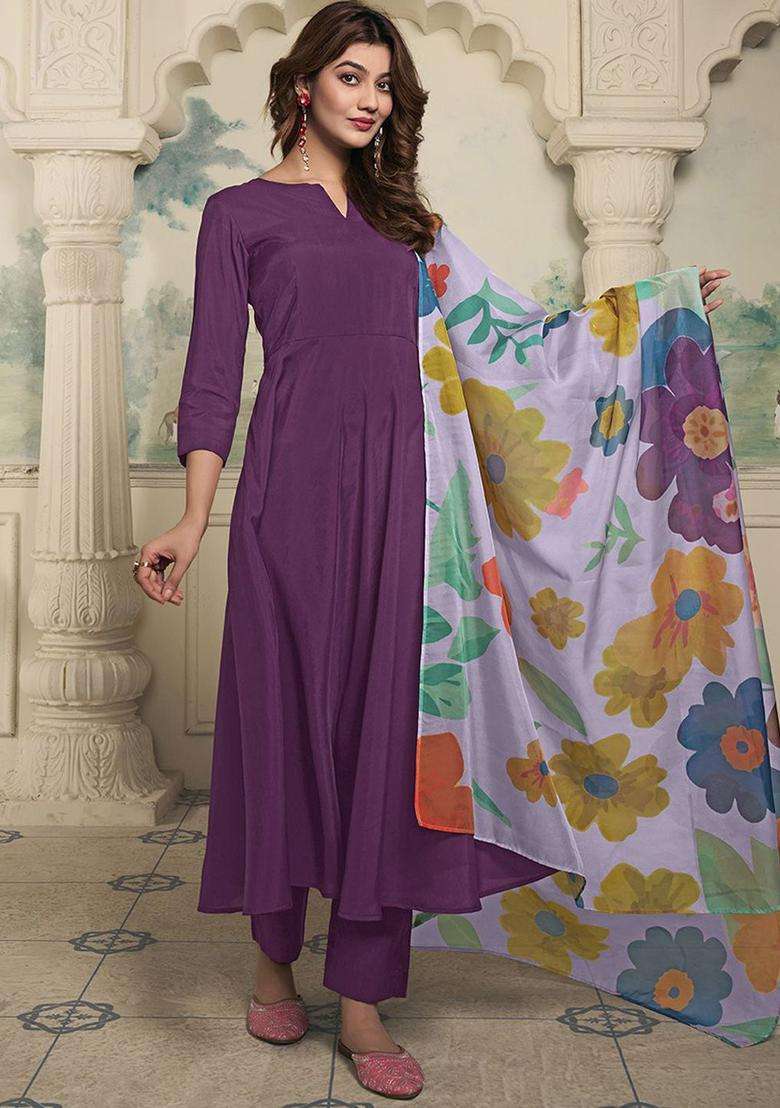 Purple Solid Silk Anarkali Set - Indya