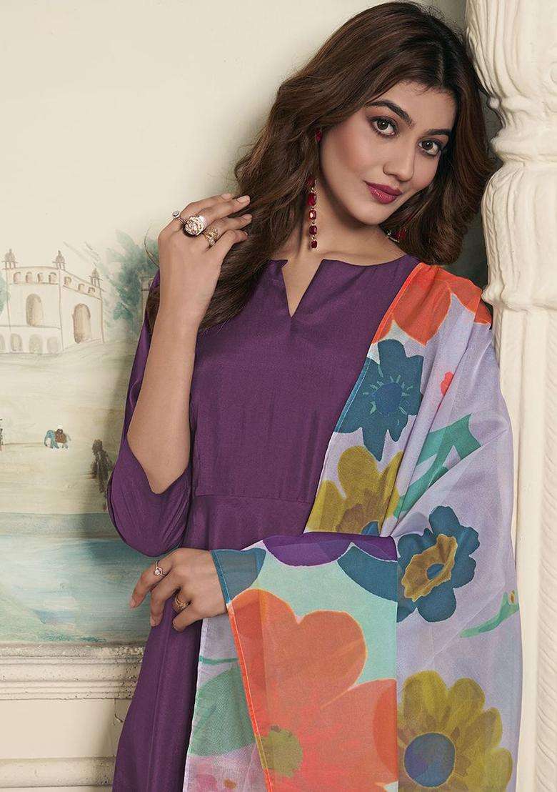 Purple Solid Silk Anarkali Set - Indya