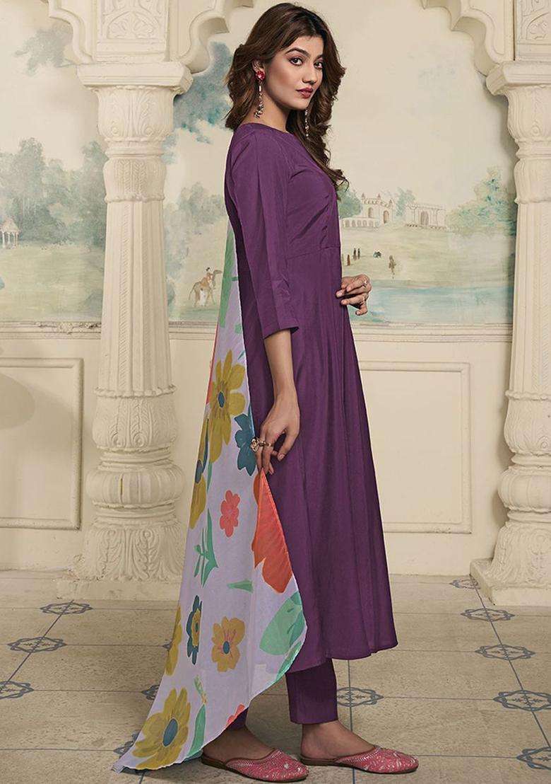 Purple Solid Silk Anarkali Set - Indya