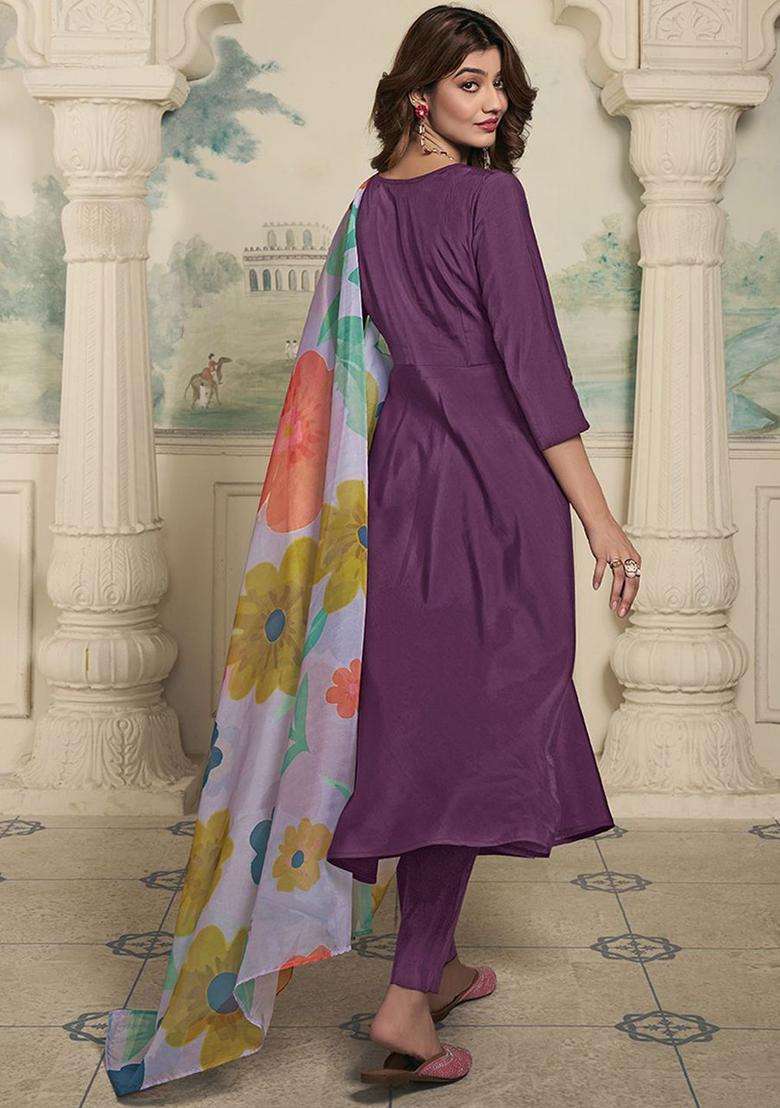 Purple Solid Silk Anarkali Set - Indya