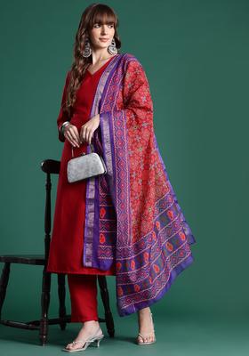 Red Solid Cotton Kurta Set