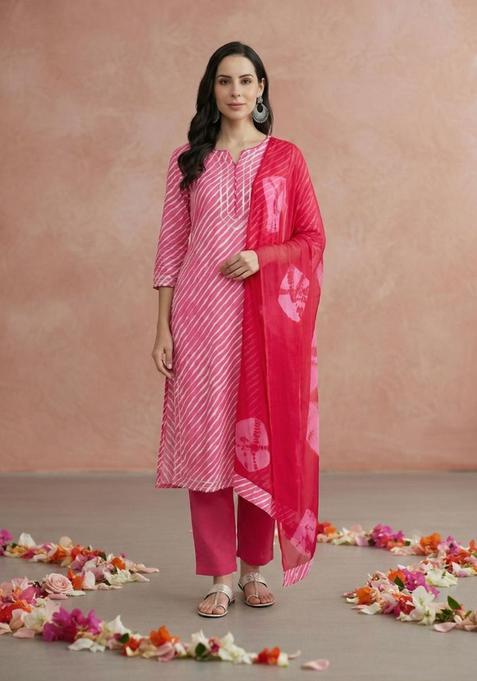 Pink Striped Cotton Kurta Set — view on Indya