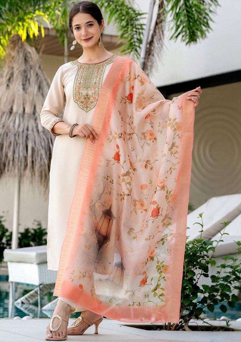 Off White Embroidered Viscose Kurta Set - Indya