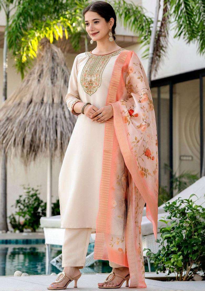 Off White Embroidered Viscose Kurta Set - Indya