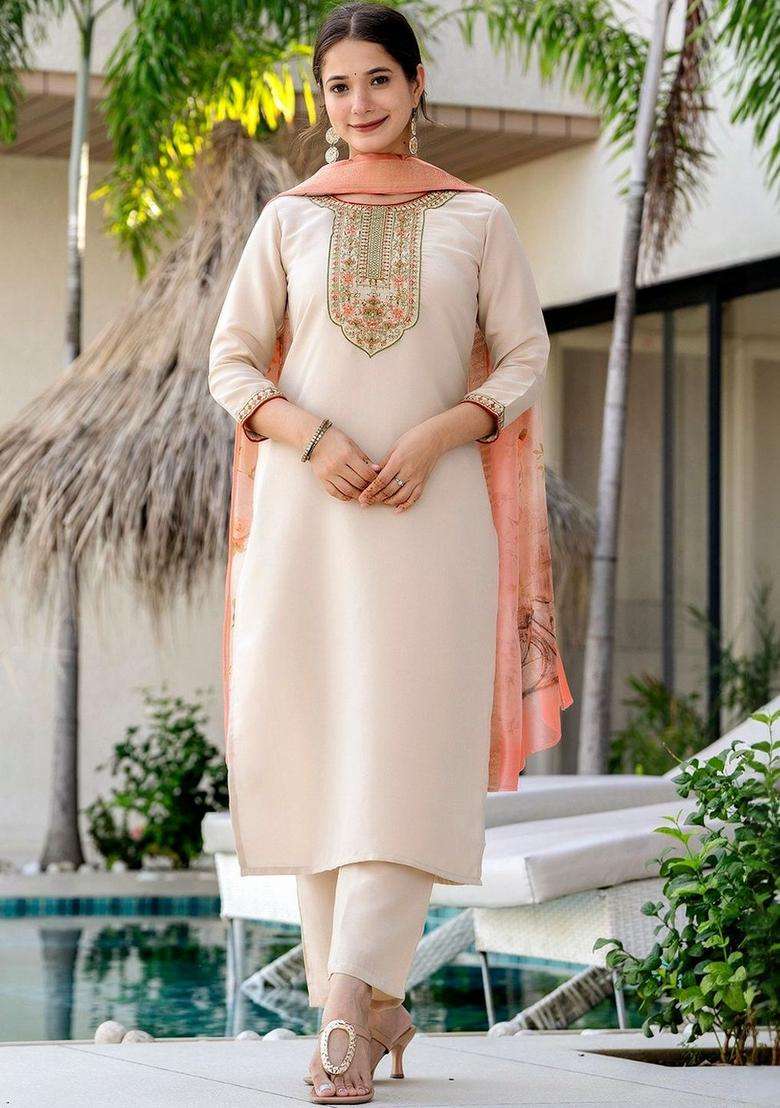 Off White Embroidered Viscose Kurta Set - Indya