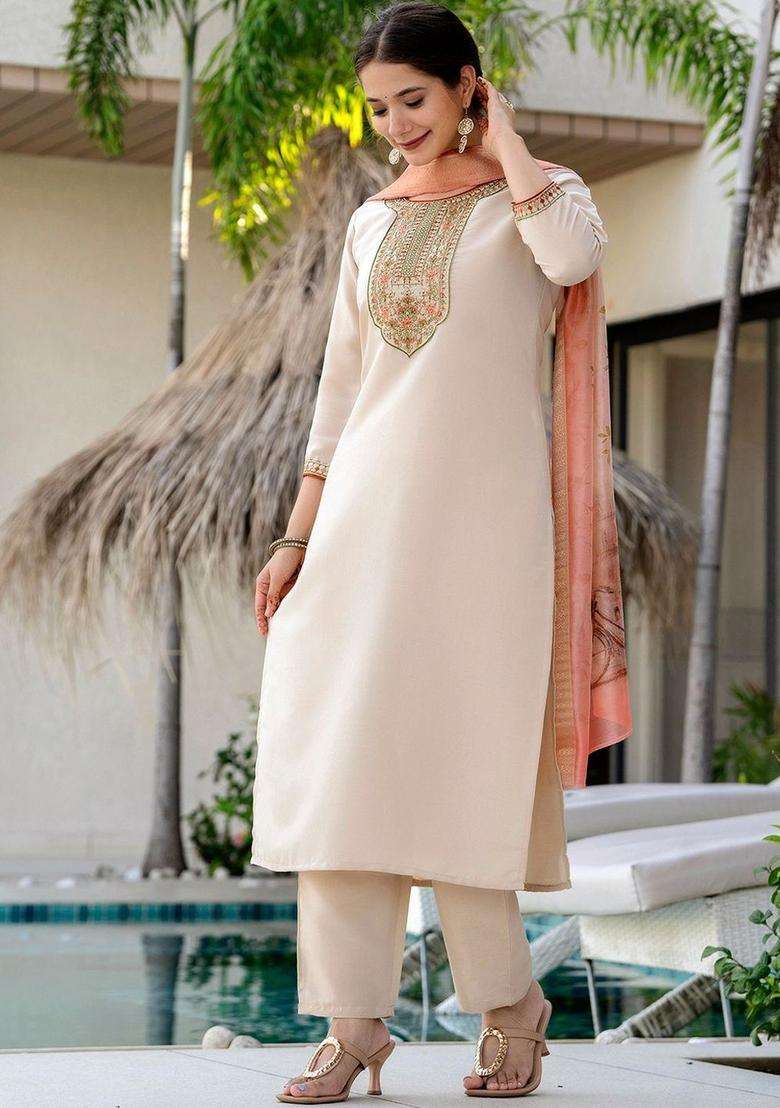 Off White Embroidered Viscose Kurta Set - Indya