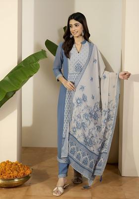 Blue Printed Georgette Kurta Set