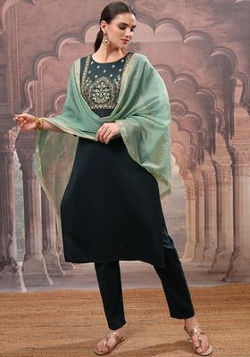 Green Embroidered Polyester Kurta Set