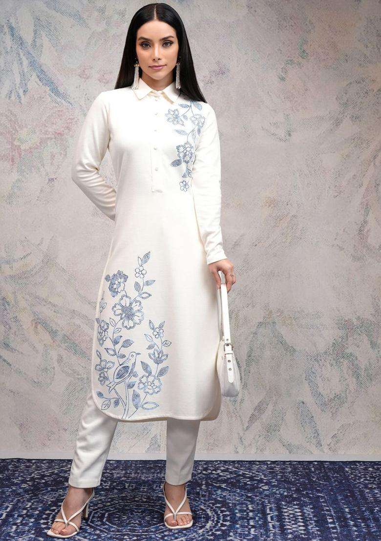 Off White Printed Polyester Kurta Set - Indya