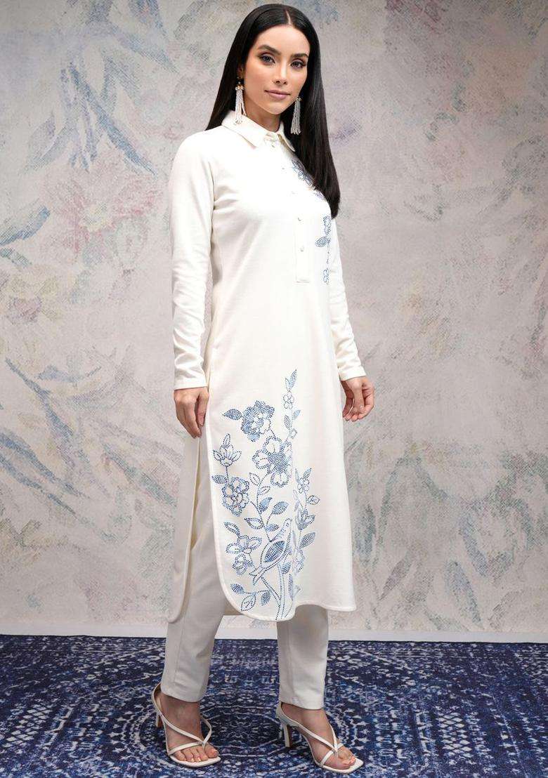 Off White Printed Polyester Kurta Set - Indya