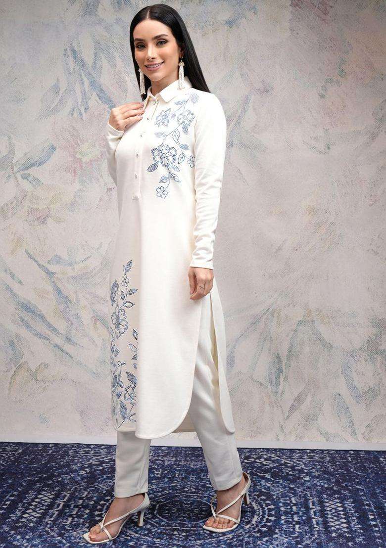 Off White Printed Polyester Kurta Set - Indya