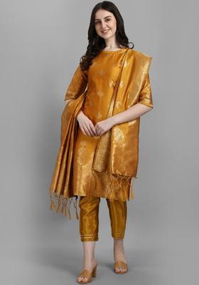 Yellow Printed Silk Blend Kurta Set