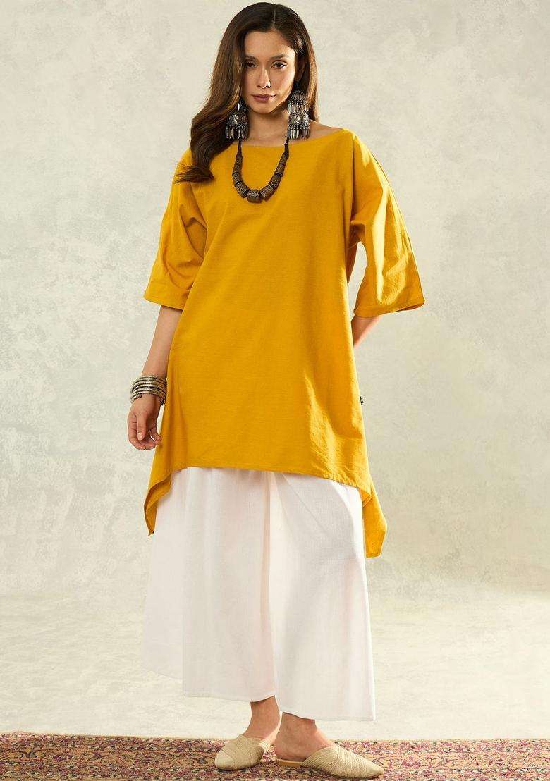Yellow Solid Cotton Kurta Set - Indya